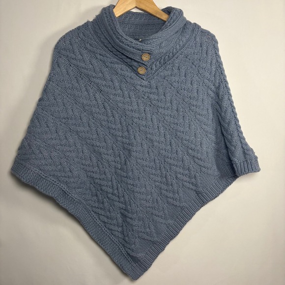 Aran Traditions Sweaters - Aran Traditions Women Blue Cable Knit Button Cowl Neck Poncho Cape One Size